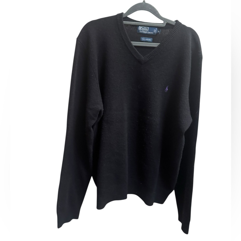 POLO RALPH LAUREN Mens 100% Lambswool V Neck Pony Pullover Sweater XL Black VTG